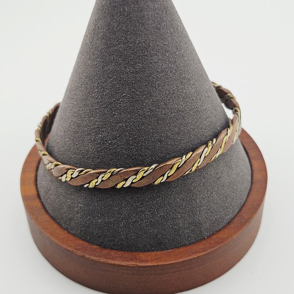 Tri-Metal Twisted Bangle Bracelet Woven Metallic Bohemian Artsy Stackable Artsy